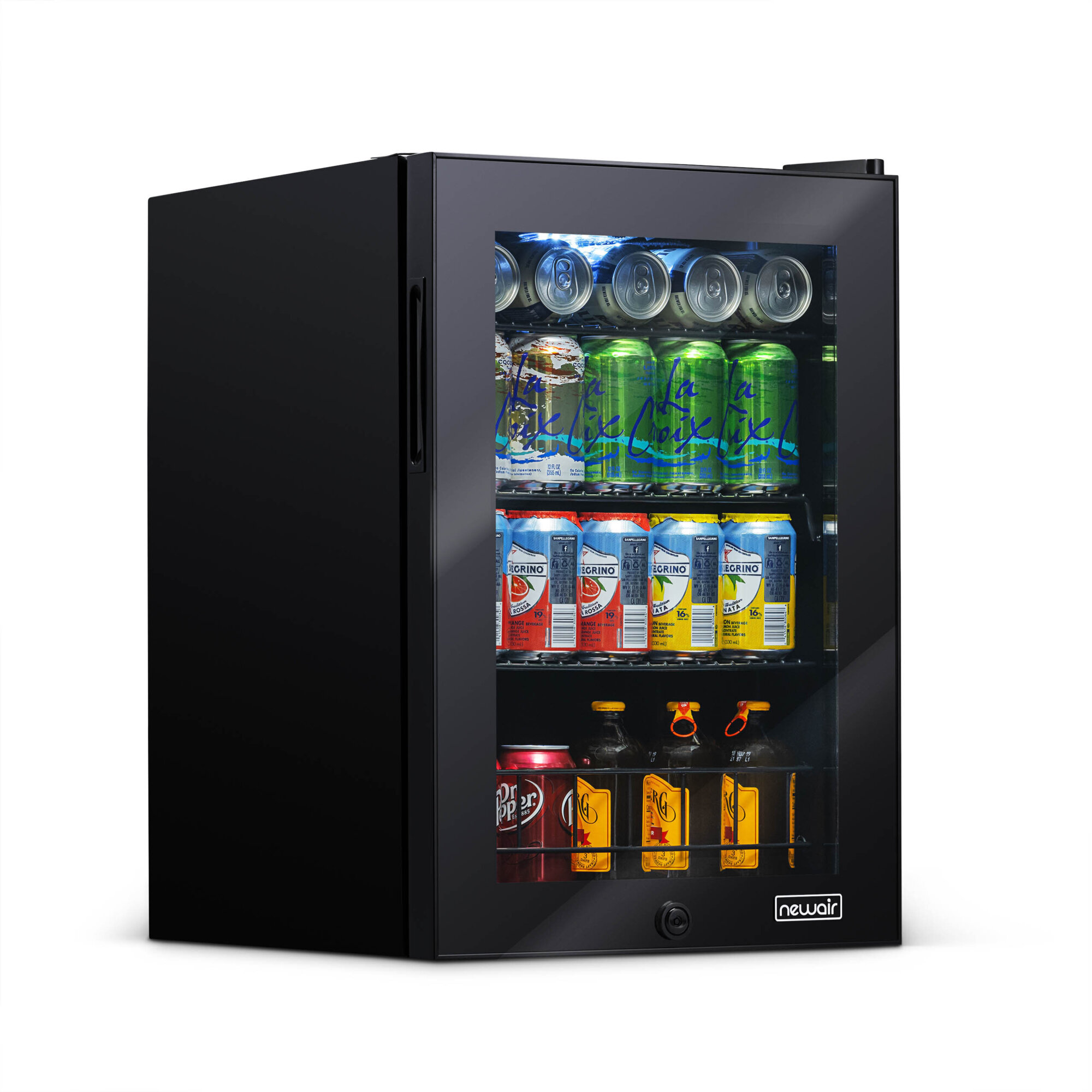 Newair Freestanding Beverage Fridge in Onyx Black, Can Capacity 90, Height 25.2 in, Width 18.9 in, Model# AB-850B